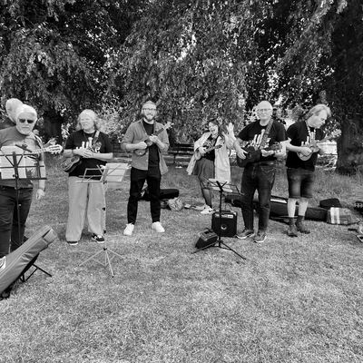 The band and friends playing on the grass at Harrison Park, cases and music stands at their feet.