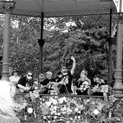 The band and friends on the Saughton Park bandstand, knitted flowers all along the railing.